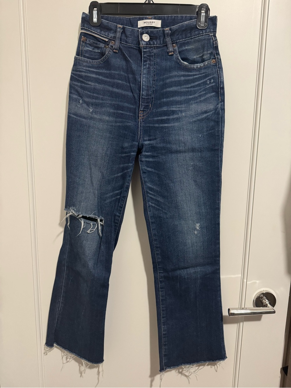 Moussy Dark Blue High-Rise Flare Jeans with Distressed Knee